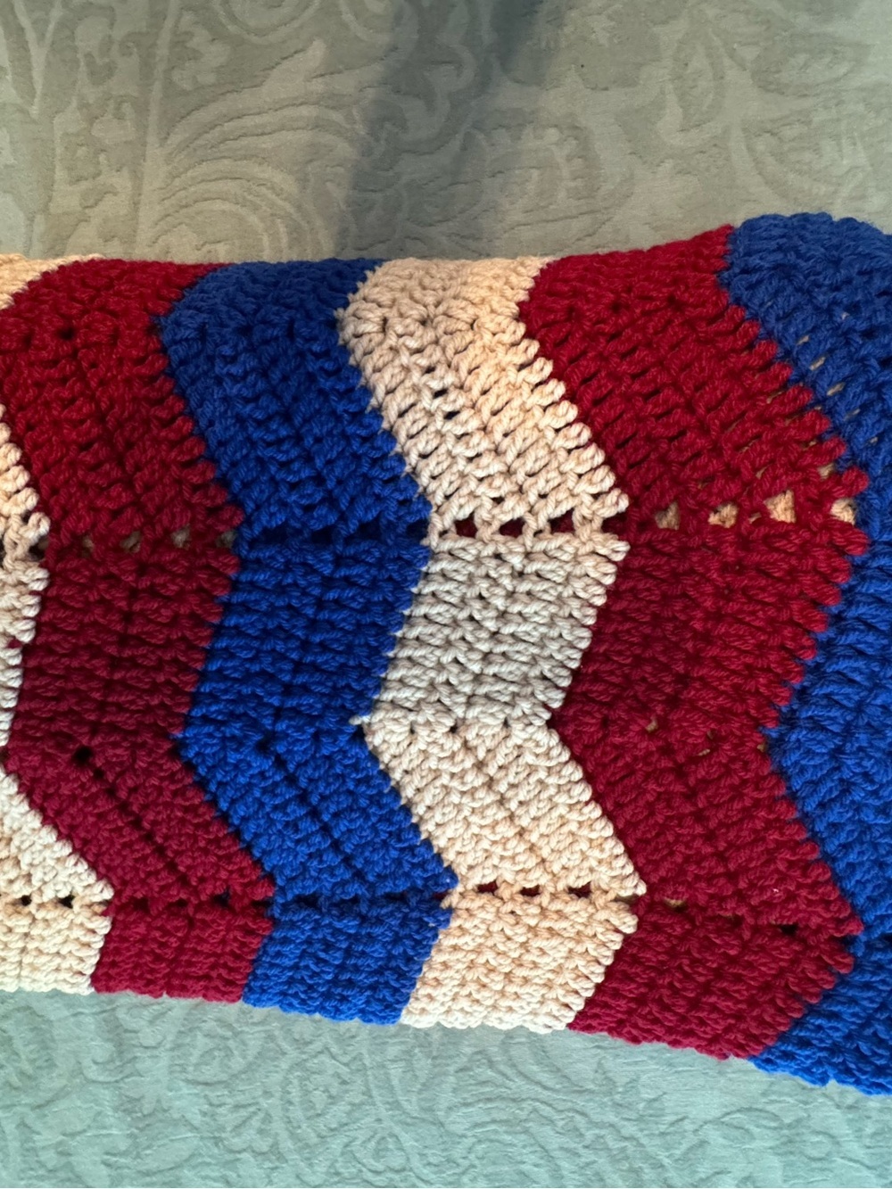 Crochet Chevron Afghan Blanket 48x68 Wavy Ripple Red Blue Brown Cream Cozy Boho